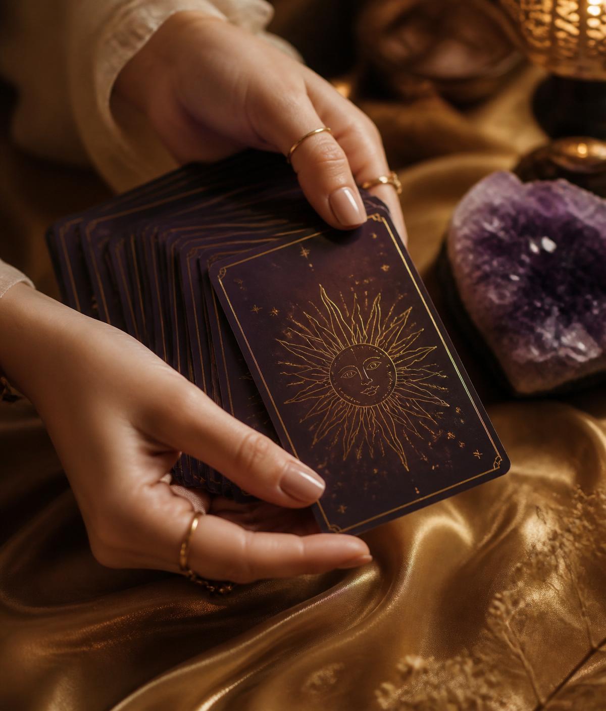 Mãos femininas segurando cartas de tarô sobre tecido dourado
